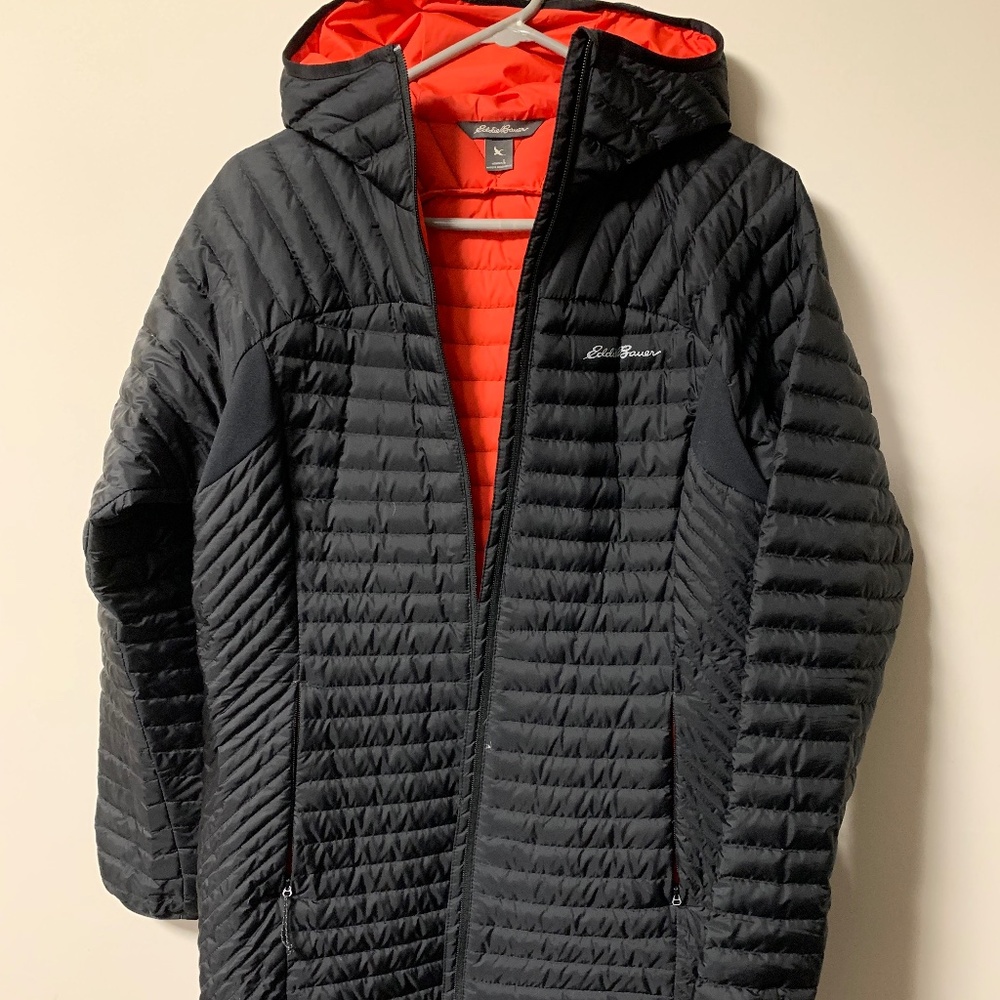 Eddie Bauer Womens Stormdown 800 Down Black Long Hooded Puffer Zip Jacket Large